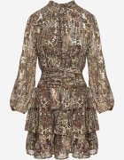 retro & icone Rochie de cocktail cu imprimeu leopard maro cu elastic în talie decorată cu volane Quinthelia