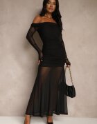 retro & icone Rochie de cocktail neagră cu mâneci transparente și drapaj Haludea