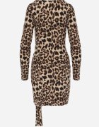 retro & icone Rochie din tricot cu imprimeu leopard cu croială ajustată decorată cu drapaj Olabia bej închis