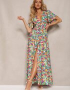 retro & icone Rochie din vâscoză verde-violet cu elastic în talie cu volane decorative și fantă Glara
