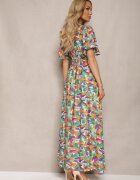 retro & icone Rochie din vâscoză verde-violet cu elastic în talie cu volane decorative și fantă Glara