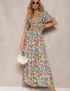 retro & icone Rochie din vâscoză verde-violet cu elastic în talie cu volane decorative și fantă Glara