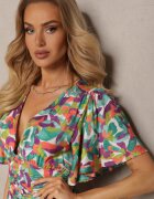 retro & icone Rochie din vâscoză verde-violet cu elastic în talie cu volane decorative și fantă Glara