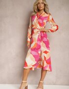 retro & icone Rochie Evazată Midi Roz-Bej cu Decolteu Petrecut cu Cordon și Model Abstract Orabella