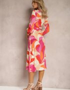 retro & icone Rochie Evazată Midi Roz-Bej cu Decolteu Petrecut cu Cordon și Model Abstract Orabella