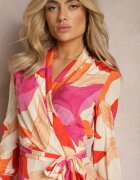 retro & icone Rochie Evazată Midi Roz-Bej cu Decolteu Petrecut cu Cordon și Model Abstract Orabella