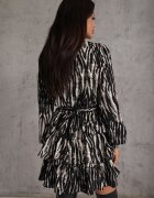 retro & icone Rochie Evazată Mini Negru-Alb cu Curea și Volane cu Imprimeu Abstract cu Decolteu Petrecut Varniema
