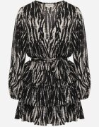 retro & icone Rochie Evazată Mini Negru-Alb cu Curea și Volane cu Imprimeu Abstract cu Decolteu Petrecut Varniema