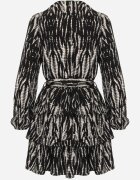 retro & icone Rochie Evazată Mini Negru-Alb cu Curea și Volane cu Imprimeu Abstract cu Decolteu Petrecut Varniema