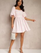 retro & icone Rochie evazată roz cu un top elastic și umeri bufanti Velzemia
