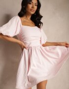 retro & icone Rochie evazată roz cu un top elastic și umeri bufanti Velzemia