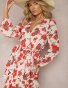 retro & icone Rochie Evazată Tip Plic cu Volane și Curea Textilă cu Imprimeu Floral Bej-Roșu Voliesa
