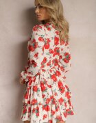 retro & icone Rochie Evazată Tip Plic cu Volane și Curea Textilă cu Imprimeu Floral Bej-Roșu Voliesa