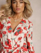 retro & icone Rochie Evazată Tip Plic cu Volane și Curea Textilă cu Imprimeu Floral Bej-Roșu Voliesa