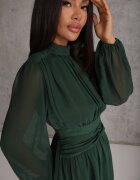 retro & icone Rochie evazată verde cu inserții semi-transparente și guler tip tunică Gelabine
