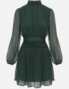 retro & icone Rochie evazată verde cu inserții semi-transparente și guler tip tunică Gelabine