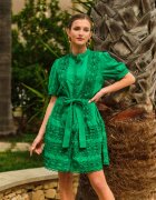 retro & icone Rochie Evazată Verde Din Dantelă cu Cordon Legat Vinka