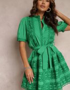 retro & icone Rochie Evazată Verde Din Dantelă cu Cordon Legat Vinka