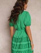 retro & icone Rochie Evazată Verde Din Dantelă cu Cordon Legat Vinka