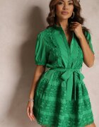 retro & icone Rochie Evazată Verde Din Dantelă cu Cordon Legat Vinka