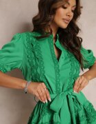 retro & icone Rochie Evazată Verde Din Dantelă cu Cordon Legat Vinka