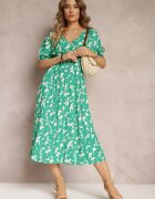 retro & icone Rochie Evazată Verde Mii cu elastic în talie cu decolteu adânc din viscoză Xyra