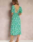 retro & icone Rochie Evazată Verde Mii cu elastic în talie cu decolteu adânc din viscoză Xyra