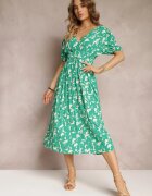 retro & icone Rochie Evazată Verde Mii cu elastic în talie cu decolteu adânc din viscoză Xyra