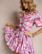 retro & icone Rochie Evazată Violet-Roz Legată în Talie cu Volane Salmarina