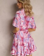 retro & icone Rochie Evazată Violet-Roz Legată în Talie cu Volane Salmarina