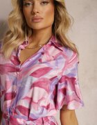 retro & icone Rochie Evazată Violet-Roz Legată în Talie cu Volane Salmarina