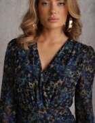 retro & icone Rochie Florală Negru-Albastră cu croi ajustat Decorată cu volane și drapaje Mirilira