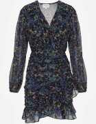 retro & icone Rochie Florală Negru-Albastră cu croi ajustat Decorată cu volane și drapaje Mirilira