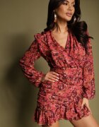 retro & icone Rochie Florală Roșie cu croială ajustată decorată cu volane și încrețituri Mirilira
