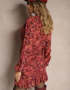 retro & icone Rochie Florală Roșie cu croială ajustată decorată cu volane și încrețituri Mirilira