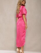 retro & icone Rochie Fucsia cu Decolteu Petrecut cu Elastic în Talie Ornată cu Încrețituri