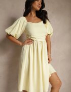 retro & icone Rochie Galbenă Clotată cu Mâneci Bufante și Decolteu Pătrat Mariwena