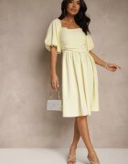 retro & icone Rochie Galbenă Clotată cu Mâneci Bufante și Decolteu Pătrat Mariwena