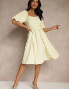 retro & icone Rochie Galbenă Clotată cu Mâneci Bufante și Decolteu Pătrat Mariwena