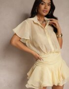 retro & icone Rochie Galbenă cu croială tip cămașă cu mânecă scurtă decorată cu volane Mirenora