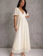 retro & icone Rochie Lungă din Dantelă Ajurată cu Elastic în Talie Bej deschis Gemisa