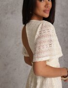 retro & icone Rochie Lungă din Dantelă Ajurată cu Elastic în Talie Bej deschis Gemisa