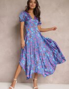 retro & icone Rochie Maxi Albastră cu Elastic în Talie și Tiv Asimetric Amparo