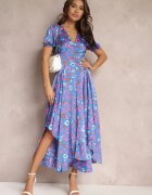 retro & icone Rochie Maxi Albastră cu Elastic în Talie și Tiv Asimetric Amparo