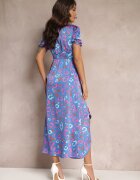 retro & icone Rochie Maxi Albastră cu Elastic în Talie și Tiv Asimetric Amparo