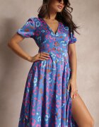 retro & icone Rochie Maxi Albastră cu Elastic în Talie și Tiv Asimetric Amparo