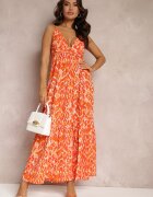 retro & icone Rochie Maxi Portocalie cu Bretele Reglabile cu Imprimeu Abstract Jerela