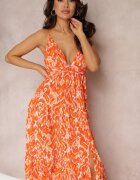 retro & icone Rochie Maxi Portocalie cu Bretele Reglabile cu Imprimeu Abstract Jerela