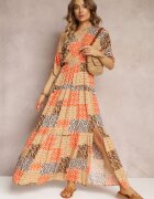retro & icone Rochie Maxi Portocalie cu mânecă scurtă și cu elastic la talie din viscoză Aveda