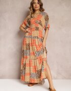 retro & icone Rochie Maxi Portocalie cu mânecă scurtă și cu elastic la talie din viscoză Aveda